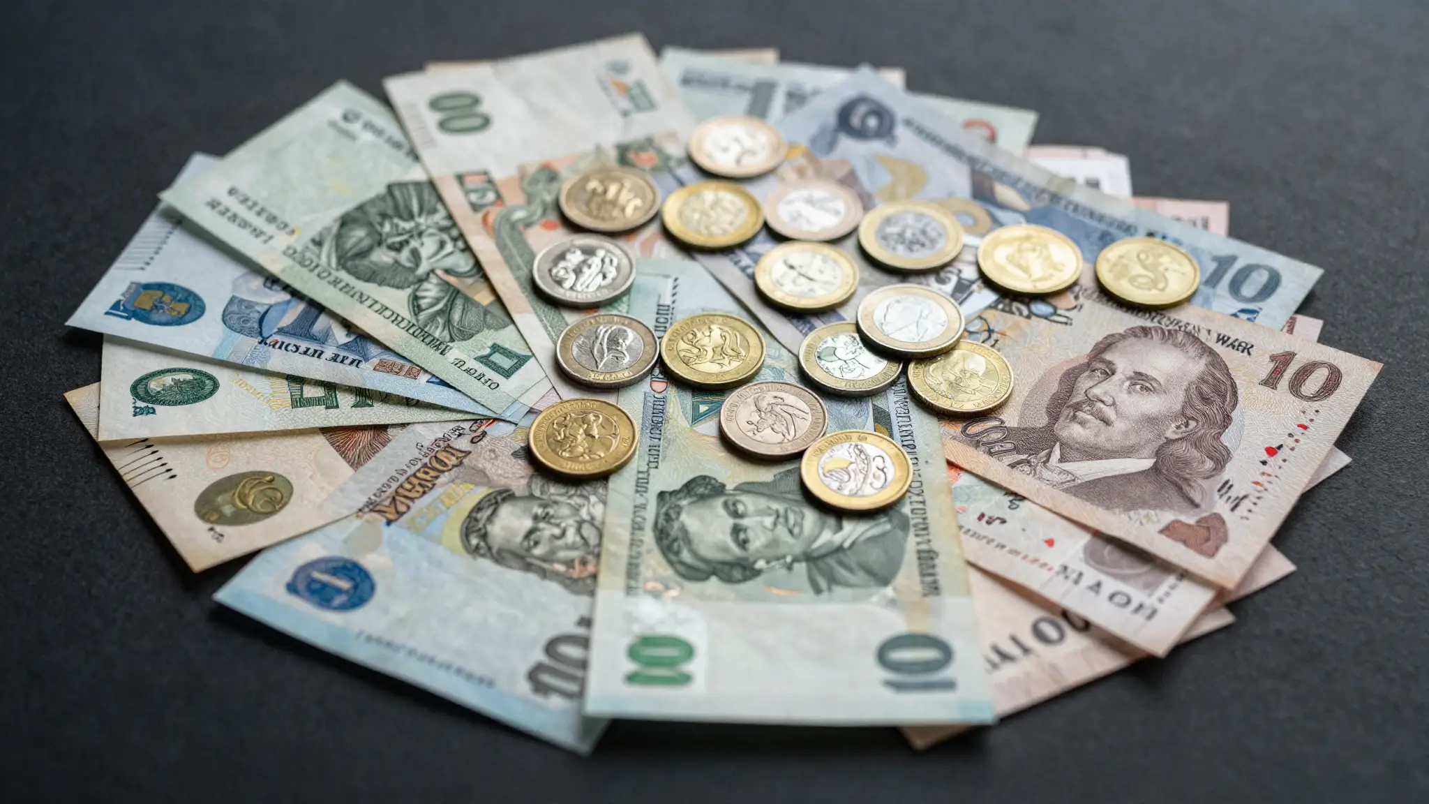 مجموعة متنوعة من العملات الورقية والمعدنية العربية والعالمية تعكس أسعار الصرف وتحويل العملات